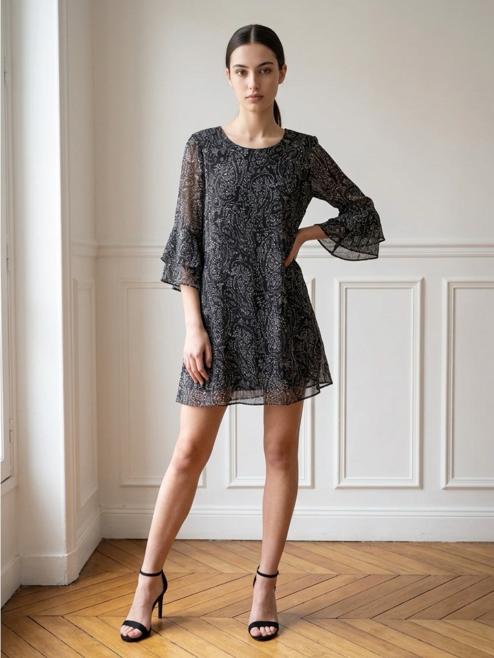 Papa Vancouver Black Paisley-Print Sheer Bell-Sleeve Mini Dress